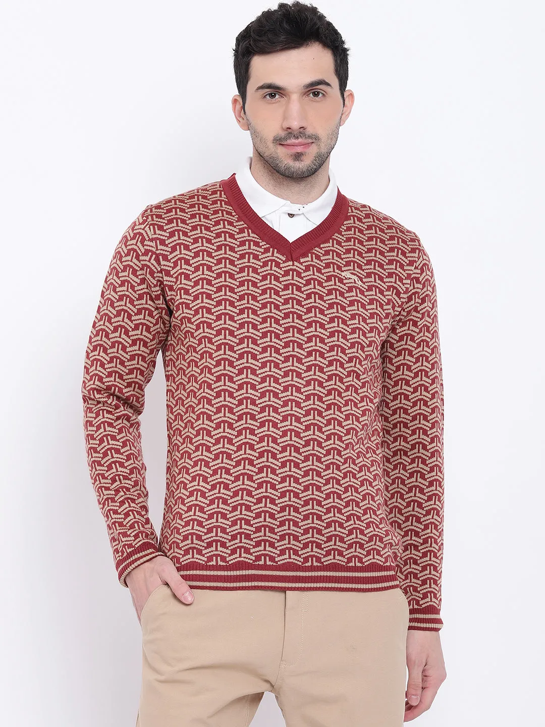 Men Casual Printed Red Sweaters