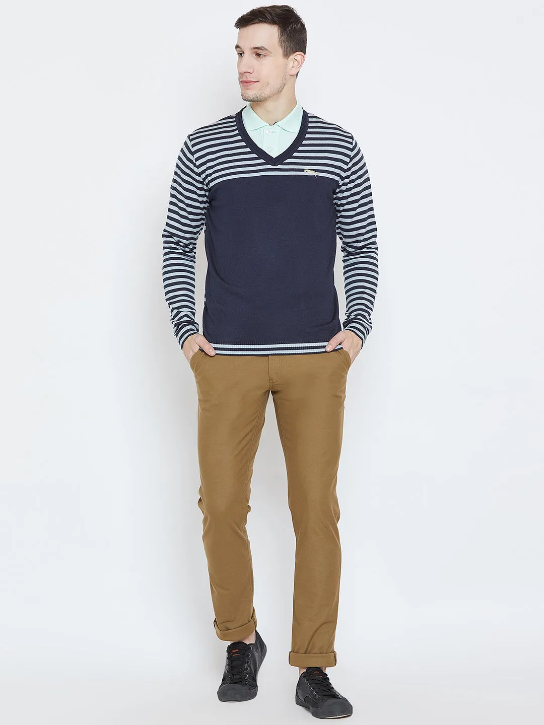 Men Navy Blue Casual Sweaters