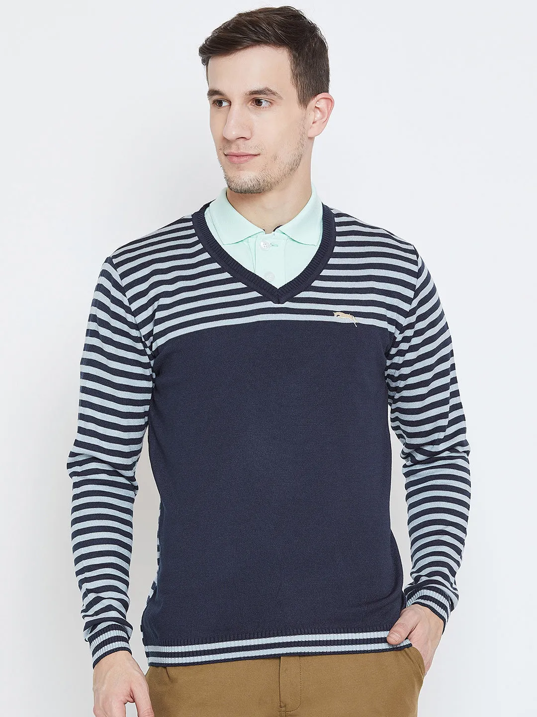 Men Navy Blue Casual Sweaters