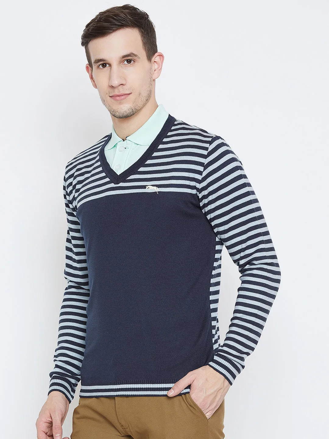 Men Navy Blue Casual Sweaters