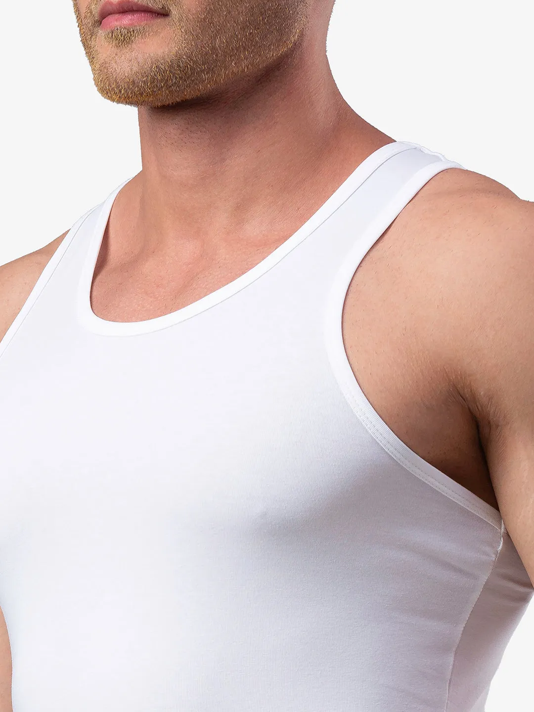 Men Premium White Cotton Vest- Underjeans By Spykar