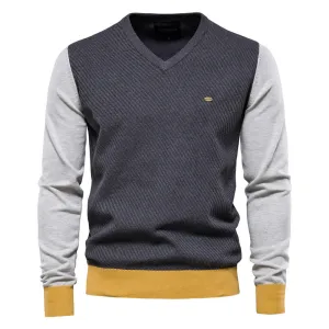 Men's Casual Long Sleeve Color Block V Neck Knit Sweater