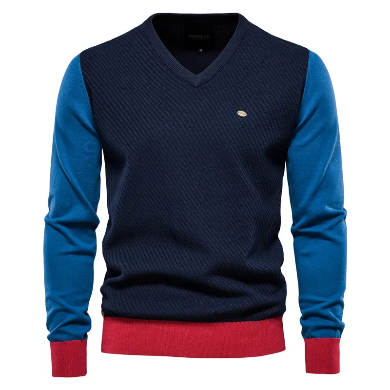 Men's Casual Long Sleeve Color Block V Neck Knit Sweater