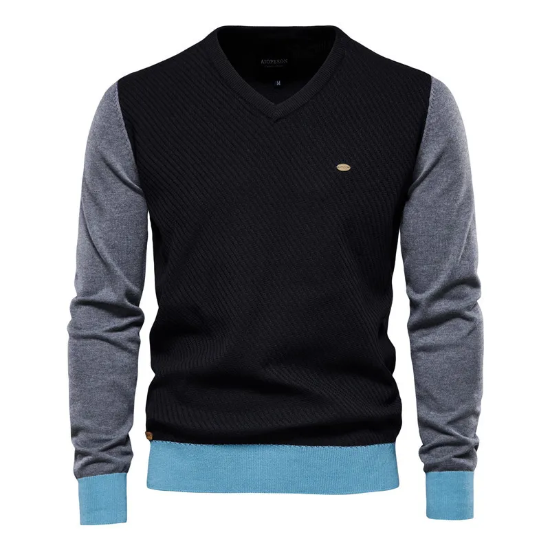 Men's Casual Long Sleeve Color Block V Neck Knit Sweater