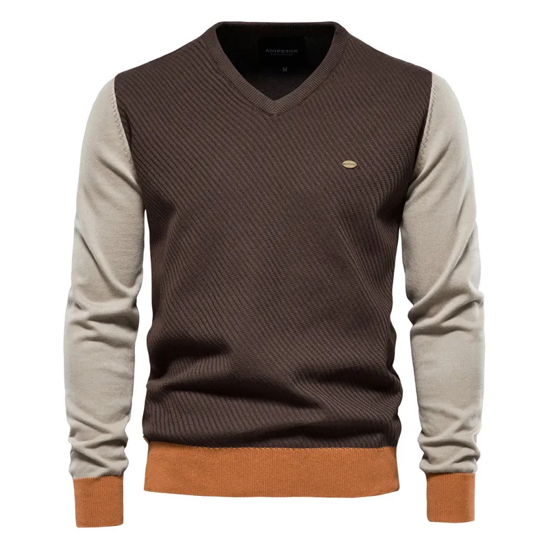 Men's Casual Long Sleeve Color Block V Neck Knit Sweater