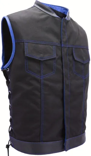 Mens Made in USA Black And Blue Military Grade Cordura Motorcycle Vest Hidden Snaps