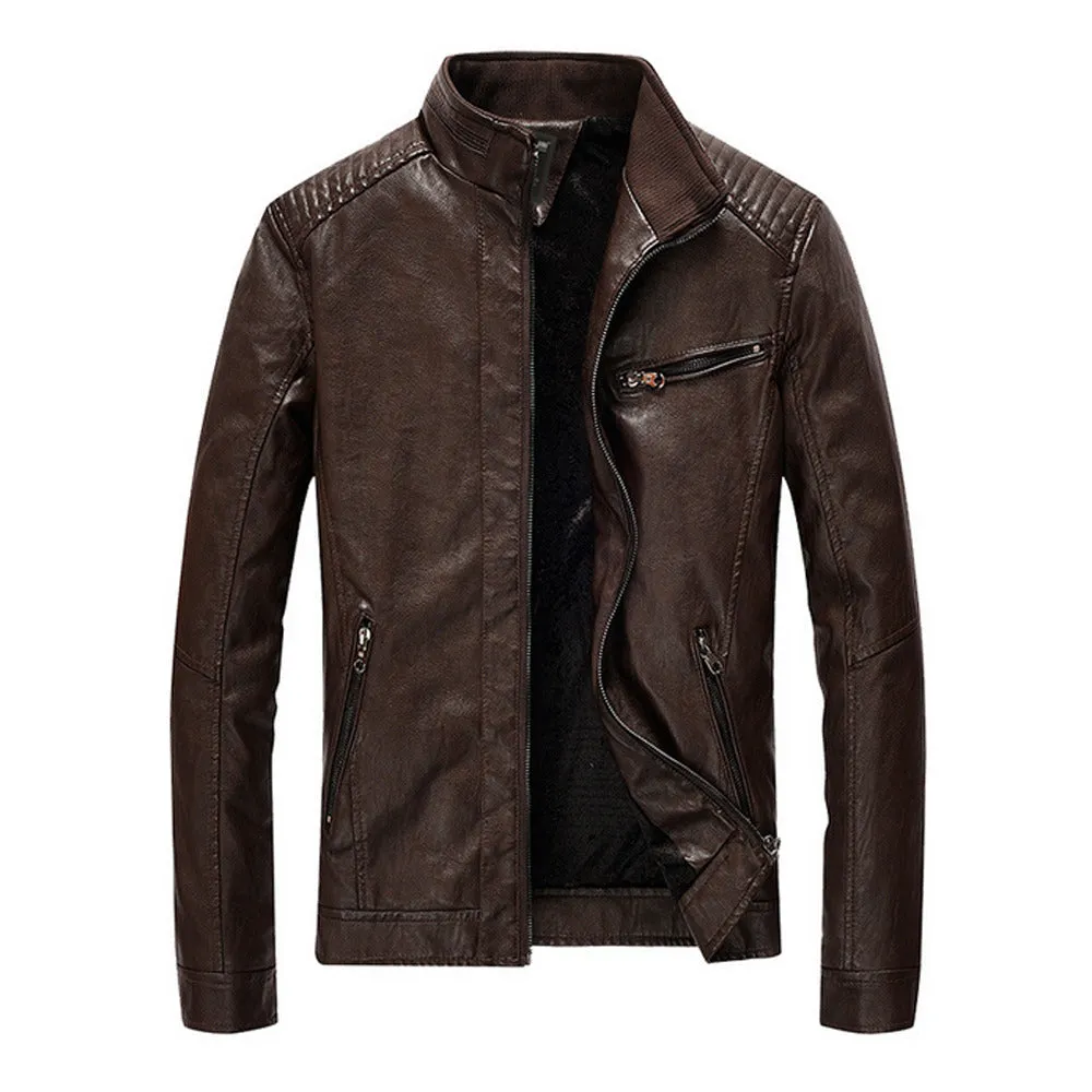 Mens Stand Collar Motorcycle Vegan Leather Jacket