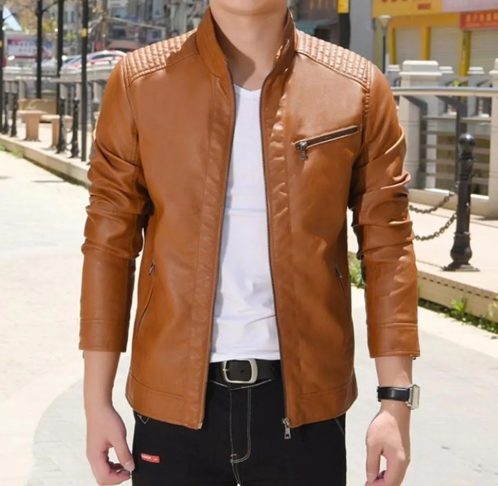 Mens Stand Collar Motorcycle Vegan Leather Jacket