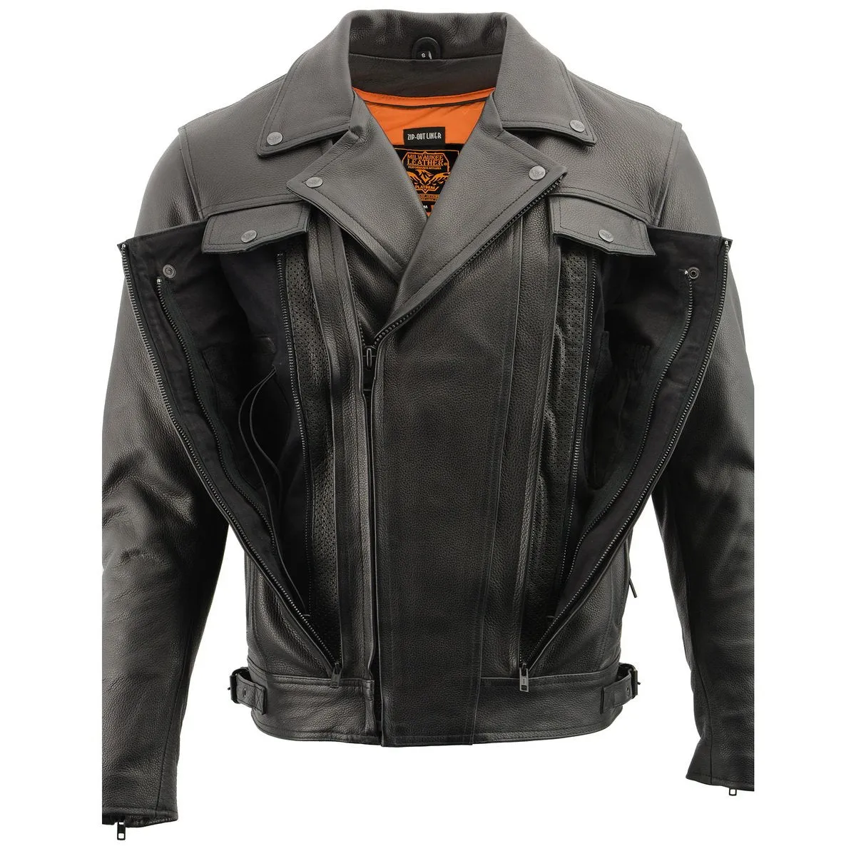 Milwaukee Leather LKM1720T Men's Tall Sizes Black Premium Leather Motorcycle Vented Leather Jacket w/ Utility Pockets