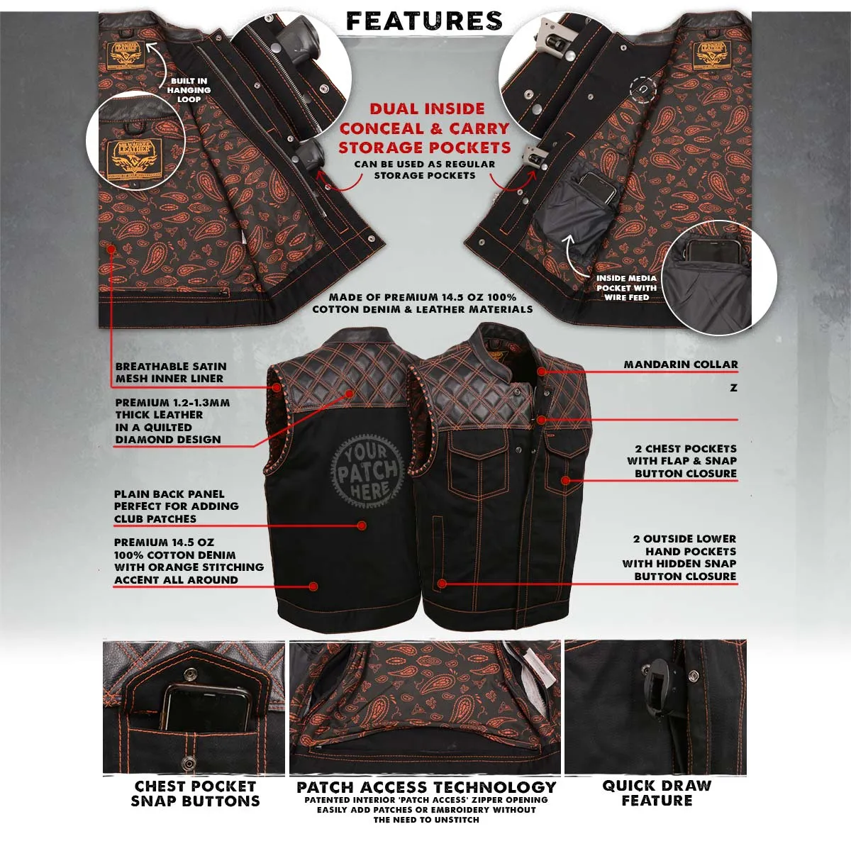 Milwaukee Leather MDM3037 Men's 'Wrecker' Black Denim and Leather Club Style Vest w/ Diamond Quilt Design