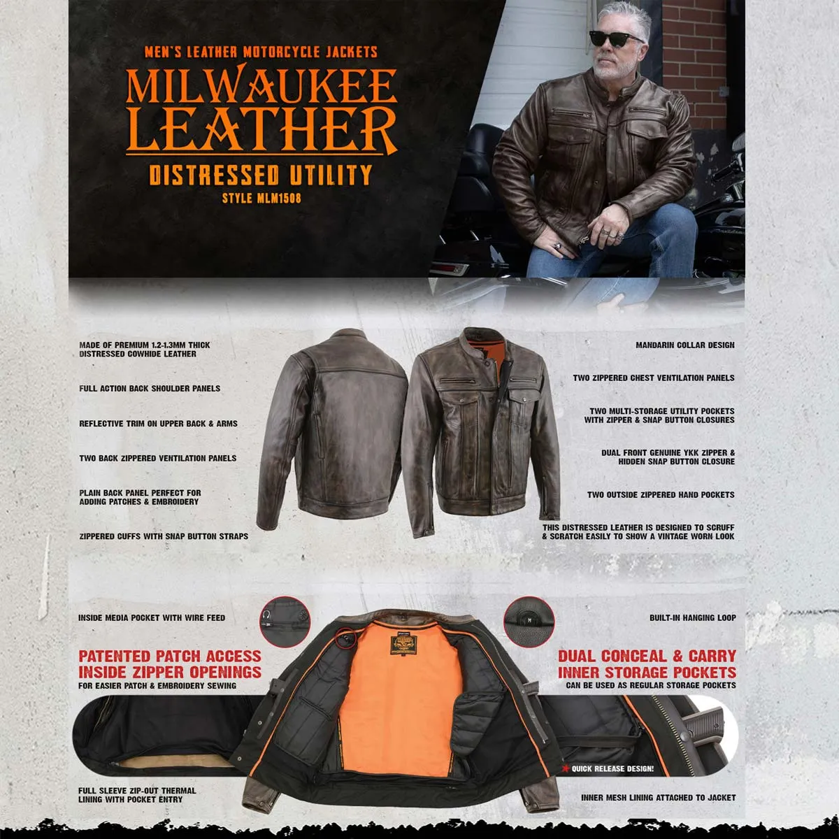 Milwaukee Leather MLM1508 Men's Distressed Brown Premium Leather Motorcycle Rider Jacket