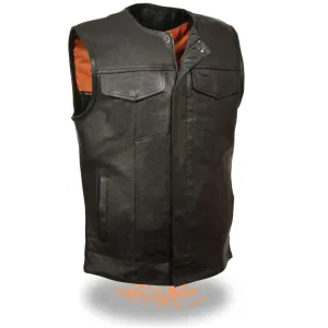 Milwaukee Leather MLM3511 Men's Black Collarless Snap/Zipper Club Style Motorcycle Leather Vest