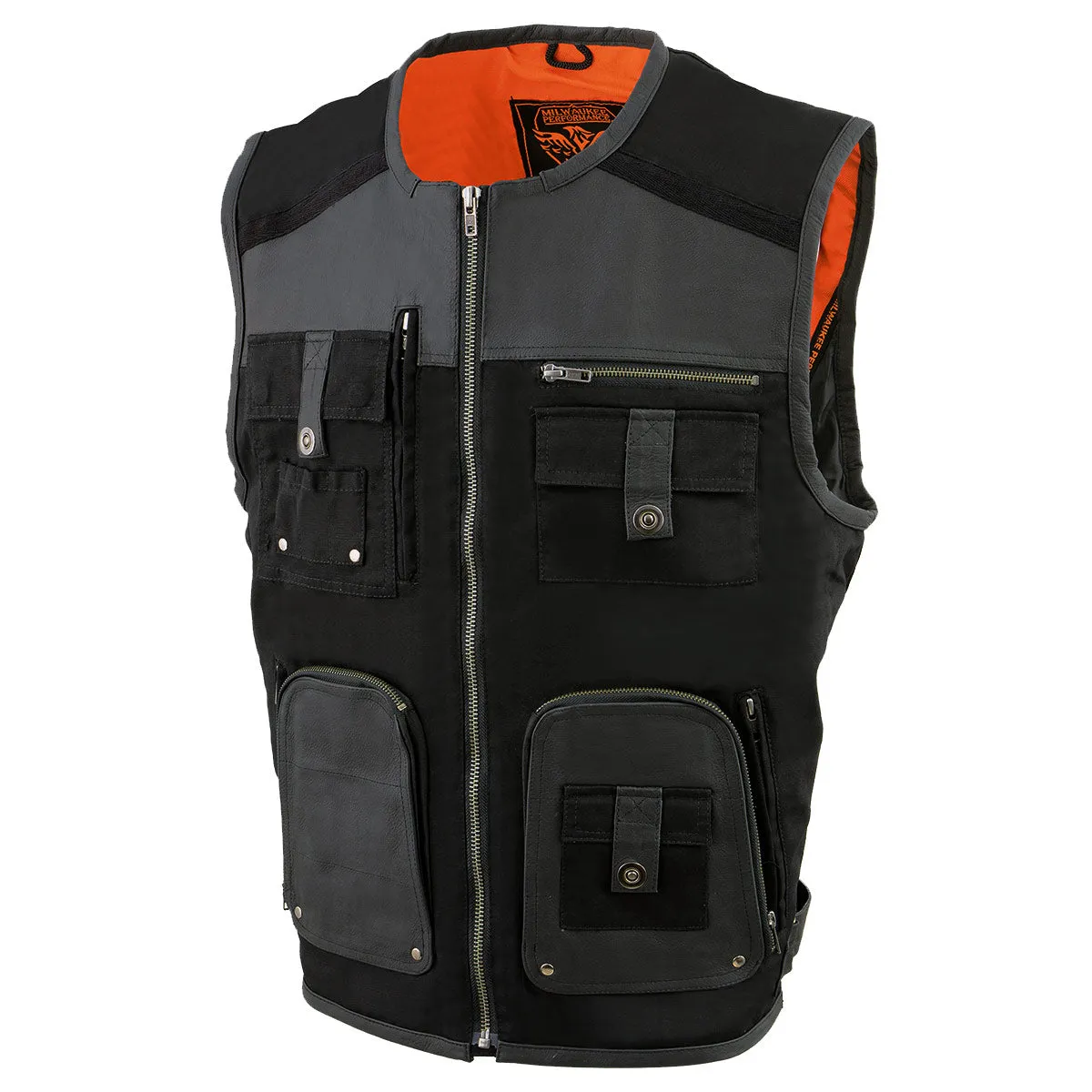 Milwaukee Leather MPM3310 Men's 'Super Utility' Black Leather and Canvas Multi-Pocket Vest