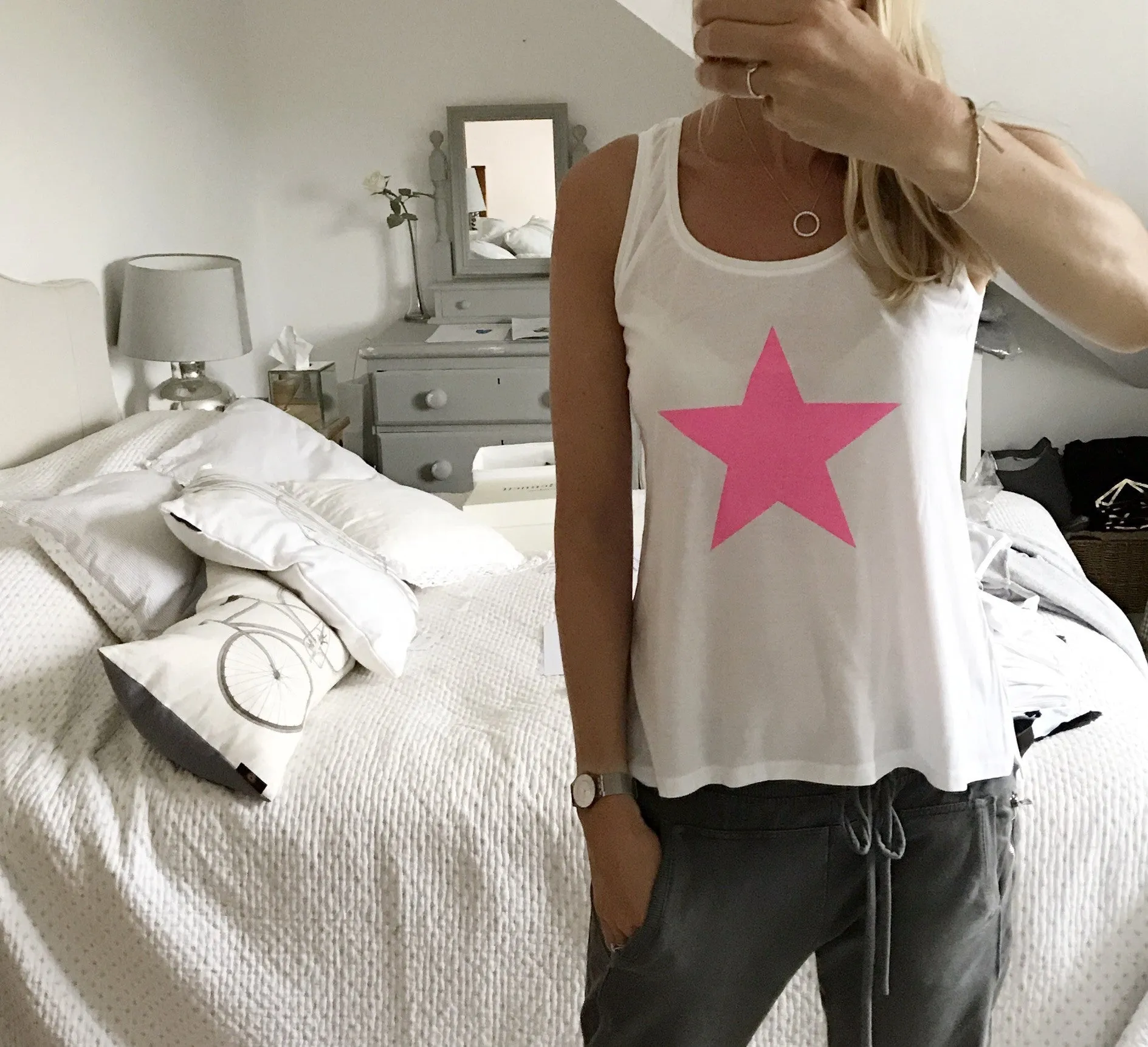 Neon pink star white vest *just 1 medium left*