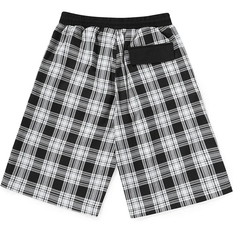 Plaid Letter Print Patchwork Pocket Straight Casual Shorts