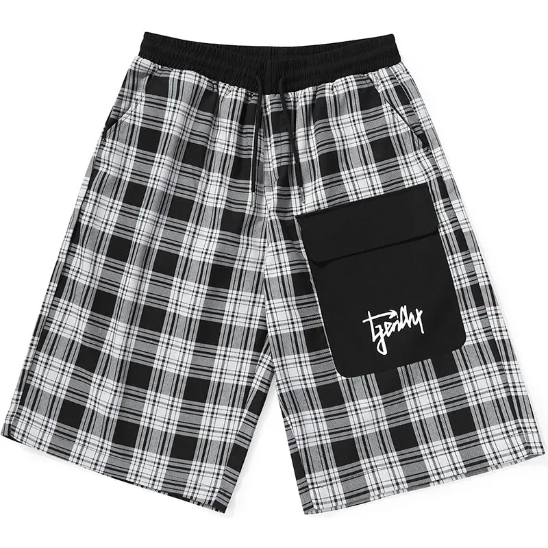 Plaid Letter Print Patchwork Pocket Straight Casual Shorts