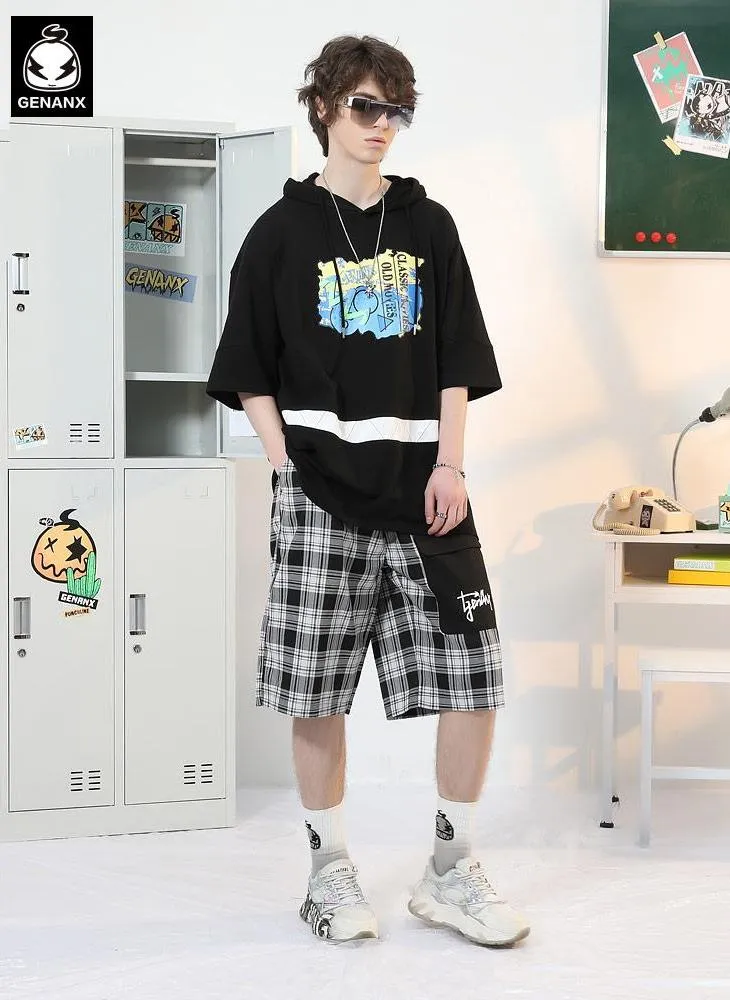 Plaid Letter Print Patchwork Pocket Straight Casual Shorts