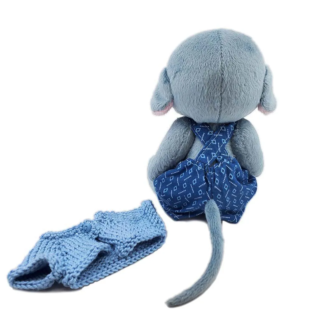 Plush - Gray Mouse in Blue Geo Overalls and Gray Cardigan by Frank and Bubby