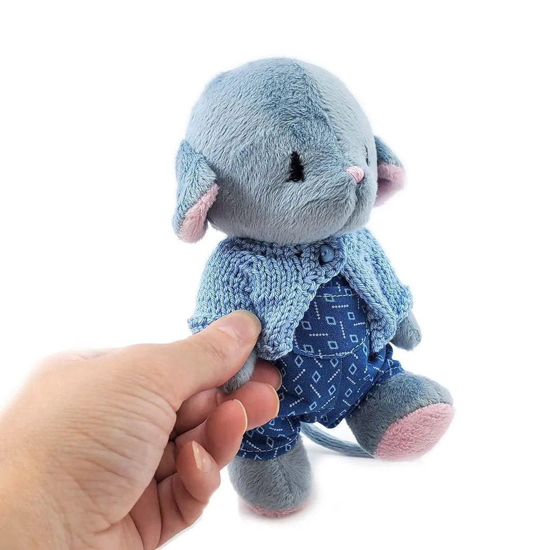 Plush - Gray Mouse in Blue Geo Overalls and Gray Cardigan by Frank and Bubby