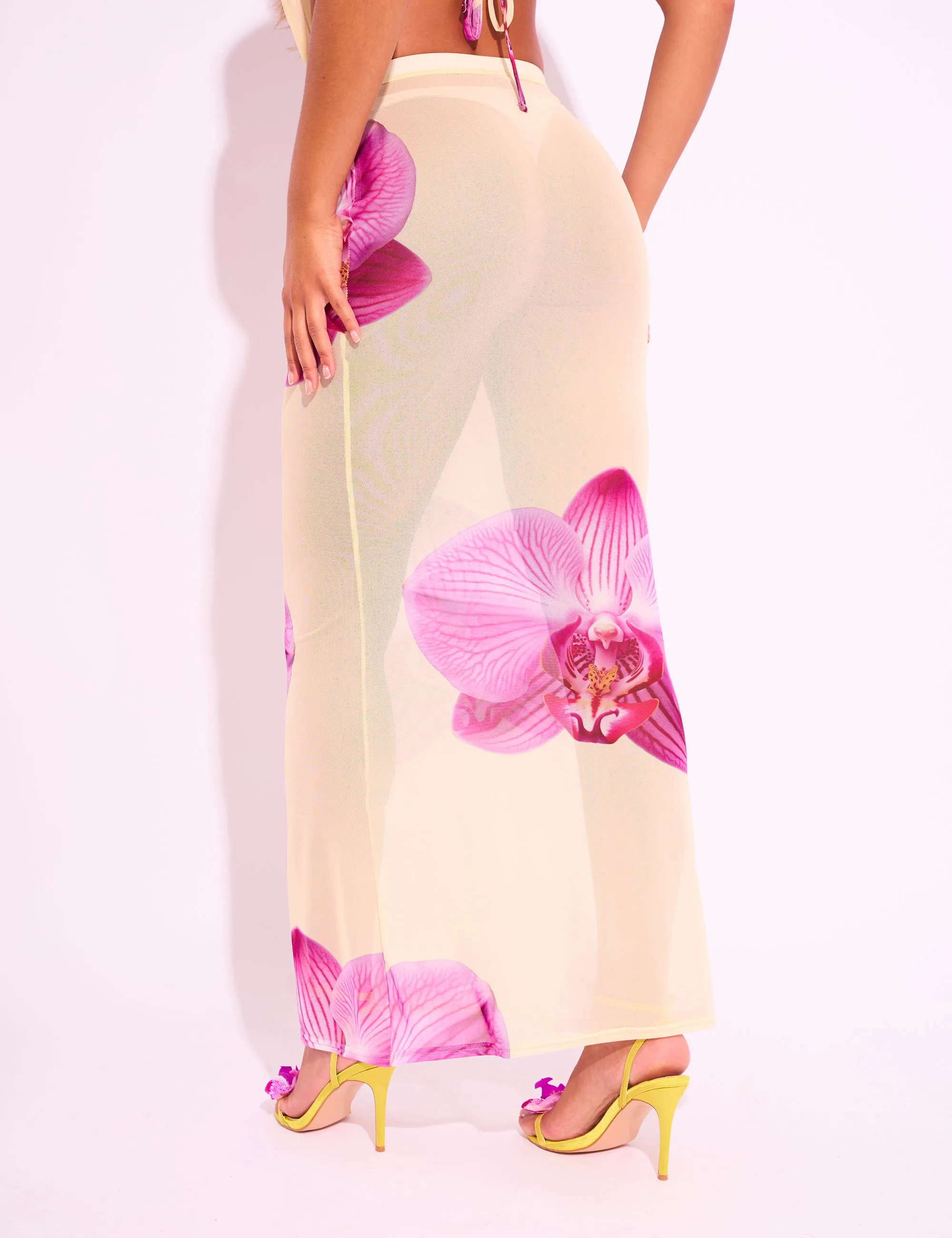 Printed Floral Mesh Maxi Skirt Co-ord Yellow