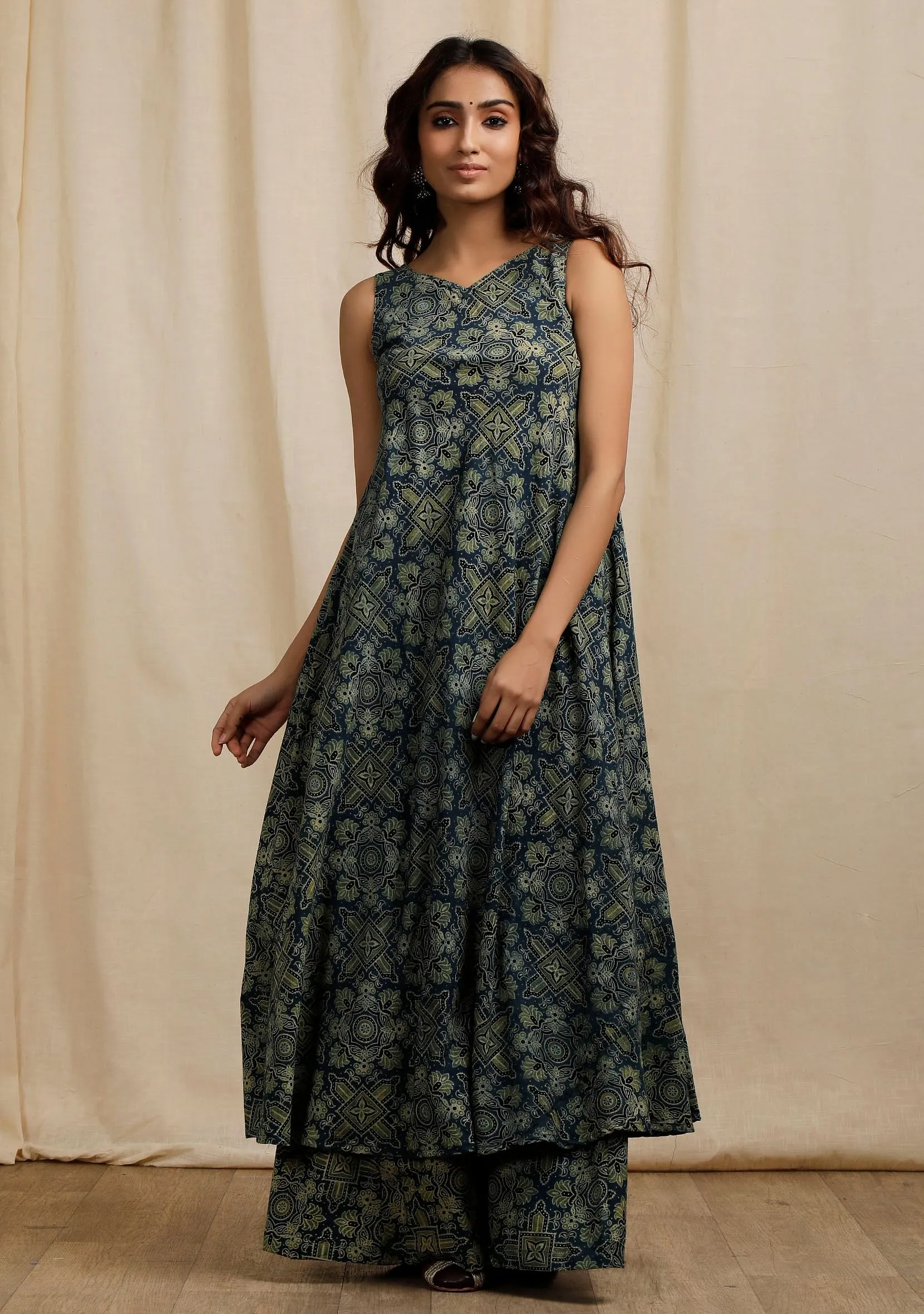 Set of 2:  Blue Ajrakh Print Sleeveless Flared Kurta and Blue Ajrakh Print Flared Pants