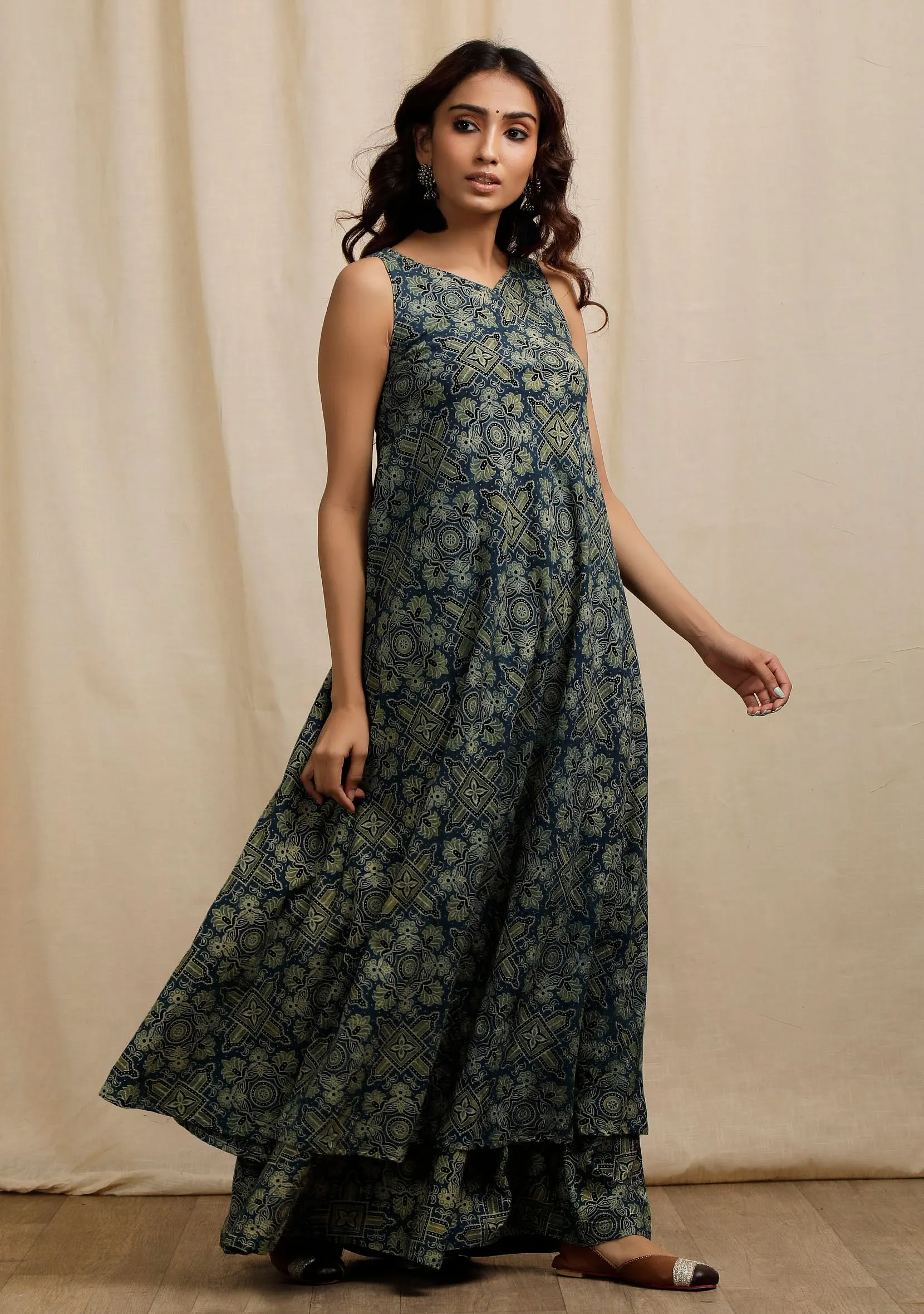 Set of 2:  Blue Ajrakh Print Sleeveless Flared Kurta and Blue Ajrakh Print Flared Pants