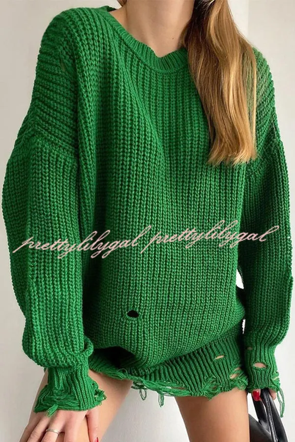 Solid Color Loose Ripped Knitted Mid-length Sweater