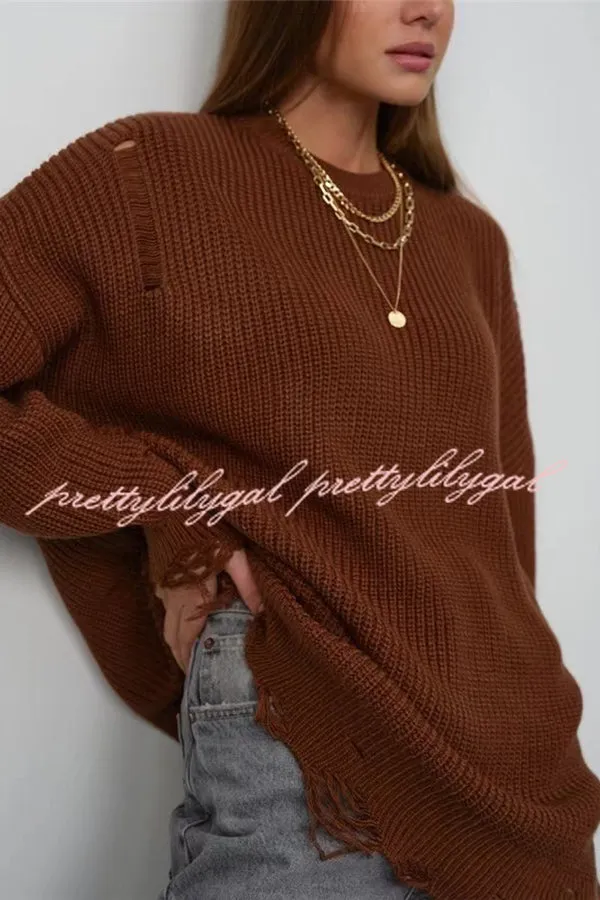 Solid Color Loose Ripped Knitted Mid-length Sweater