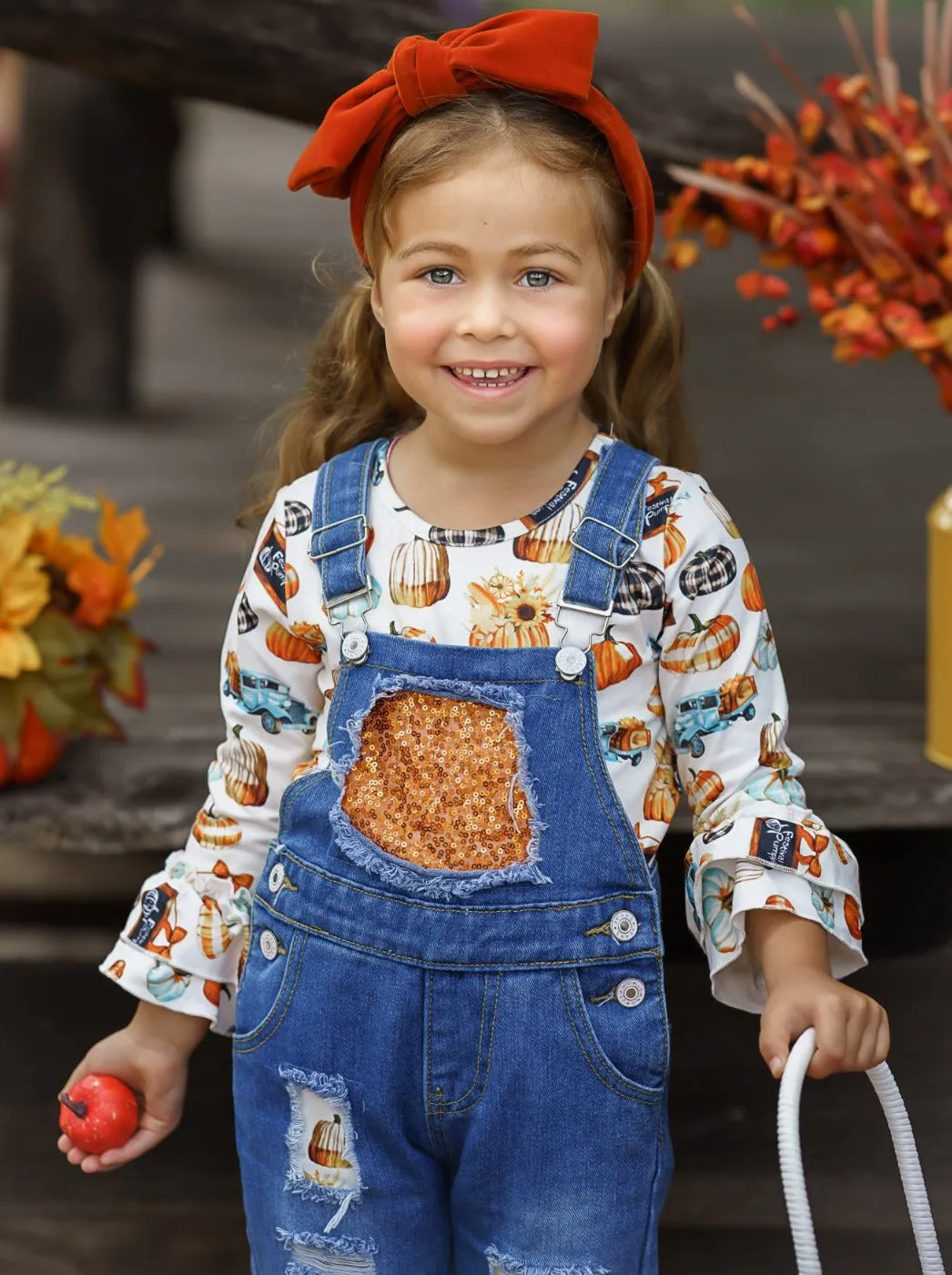 Sweet Pumpkin Sequin Patched Overall Set