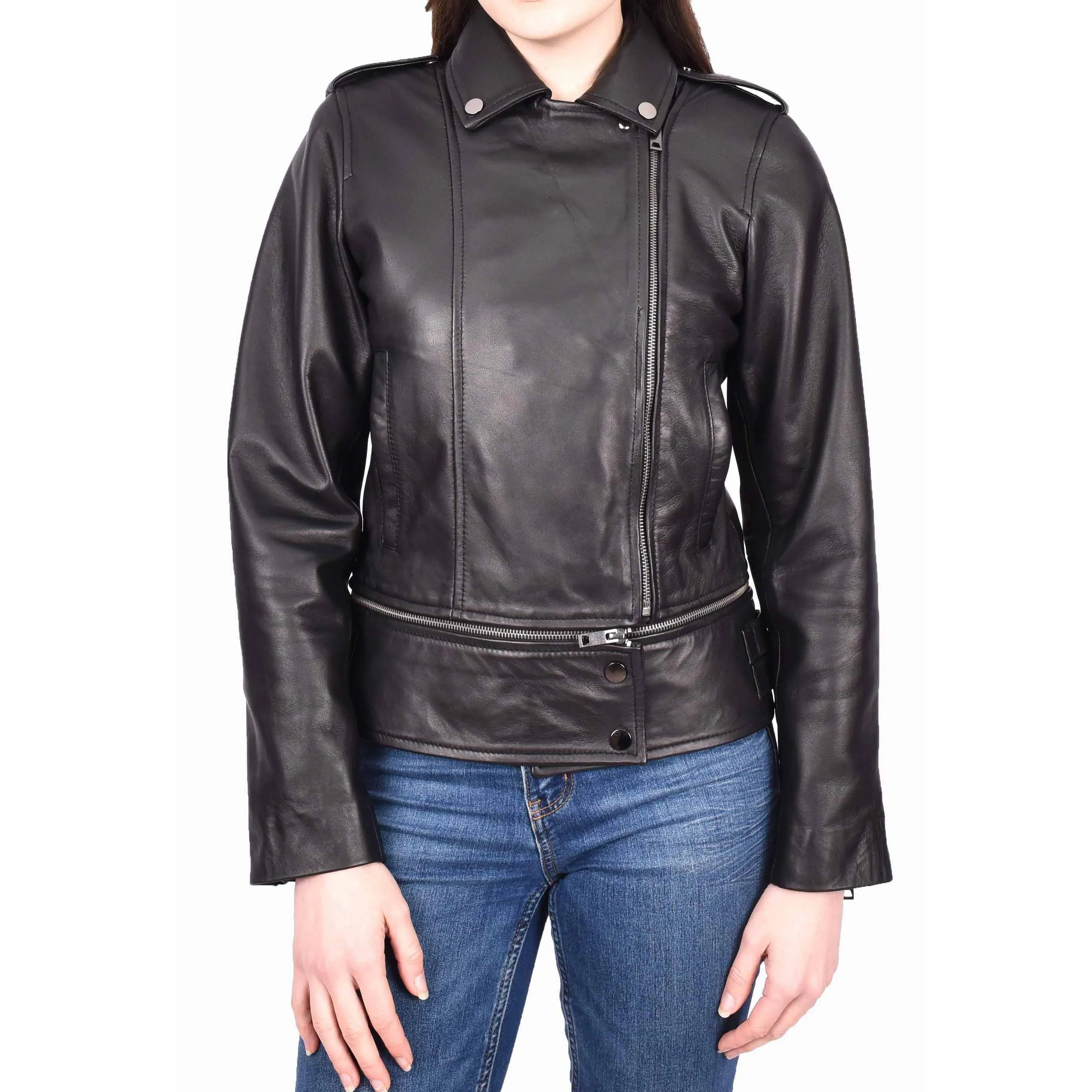 Womens Real Leather Jackets 2 in 1 Style Biker Bolero Zip Off Design Arden Black