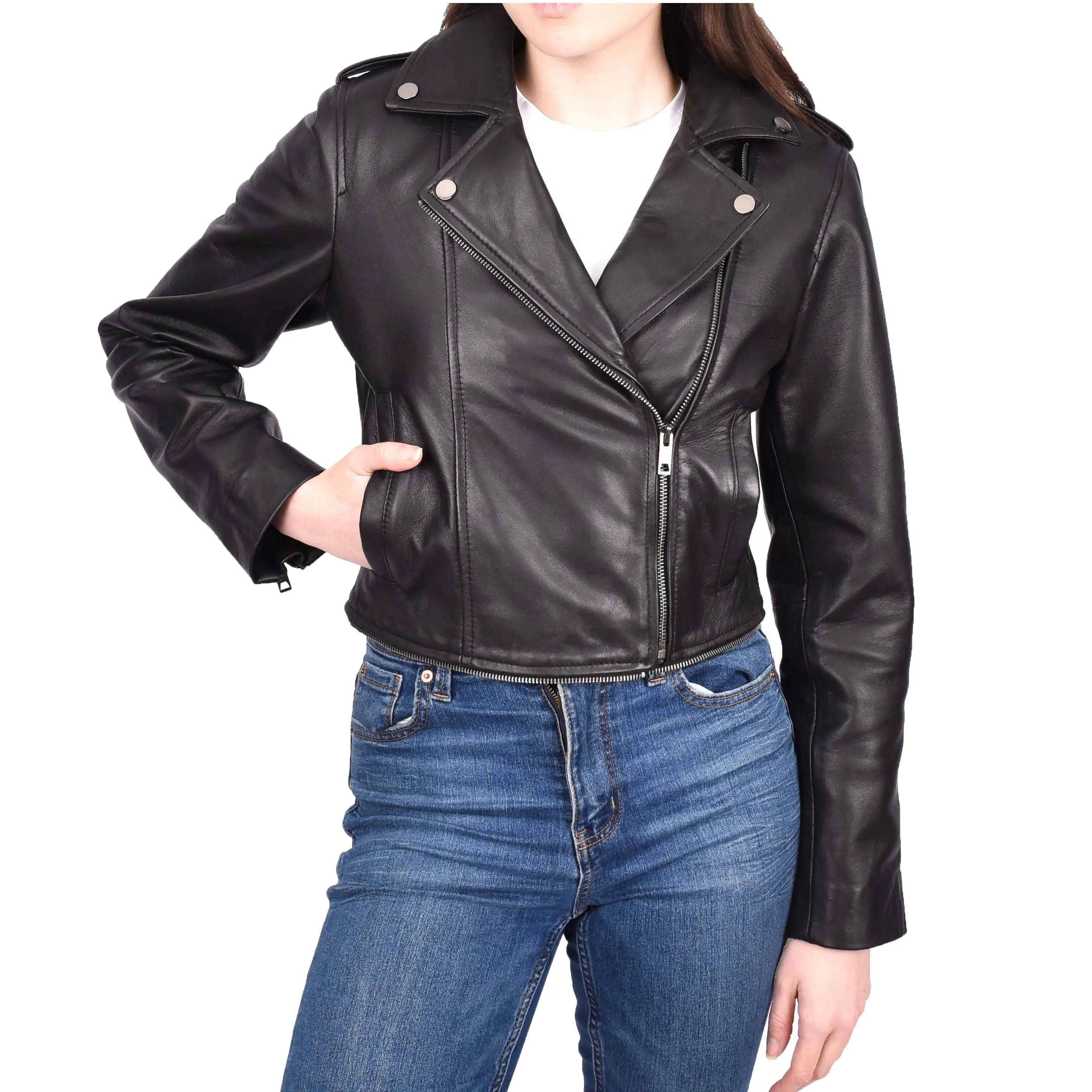 Womens Real Leather Jackets 2 in 1 Style Biker Bolero Zip Off Design Arden Black