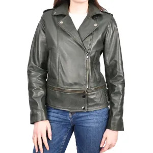 Womens Real Leather Jackets 2 in 1 Style Biker Bolero Zip Off Design Arden Olive Green