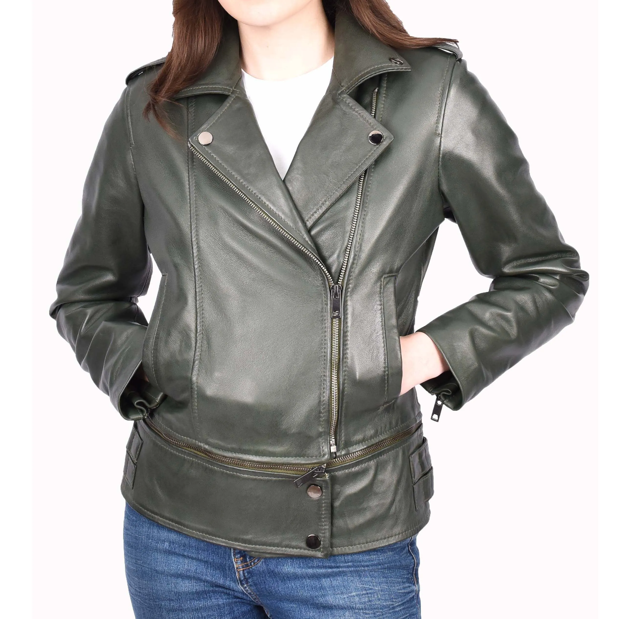 Womens Real Leather Jackets 2 in 1 Style Biker Bolero Zip Off Design Arden Olive Green