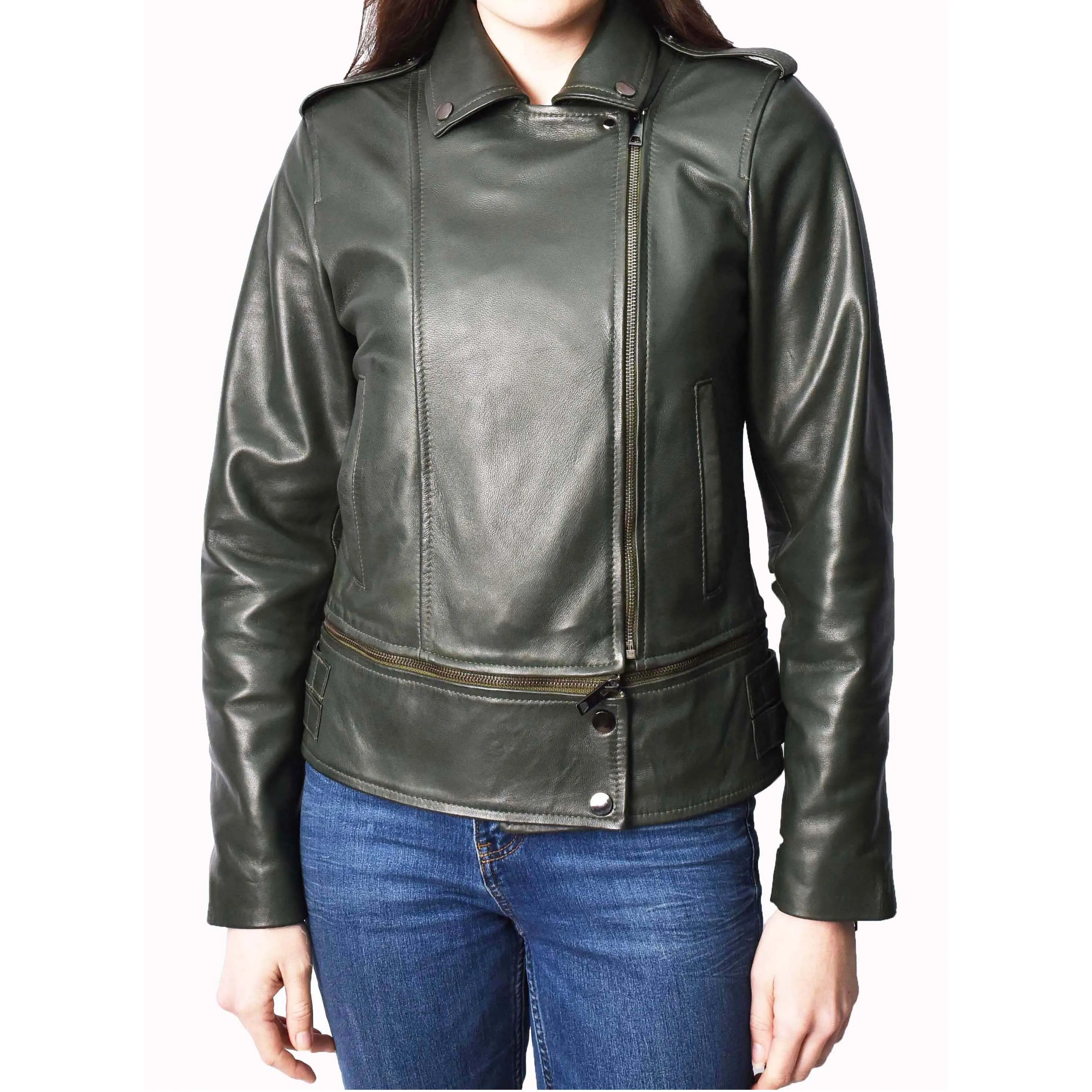 Womens Real Leather Jackets 2 in 1 Style Biker Bolero Zip Off Design Arden Olive Green